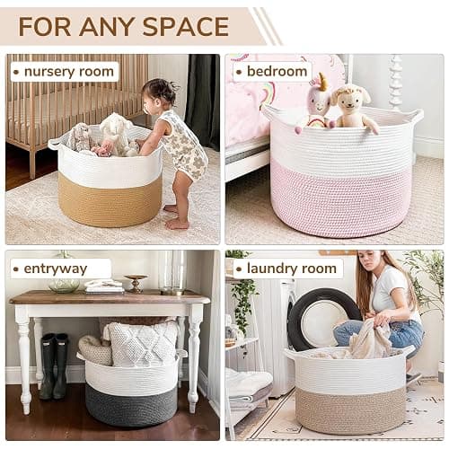 INDRESSME Large Laundry Basket, 21.7'' x 13.8'' Cotton Rope Blanket Basket Living Room Toy Baskets Storage Kids, Woven Baskets for Dirty Clothes, Pillows, Towel, 90L Light Brown thumbnail 6