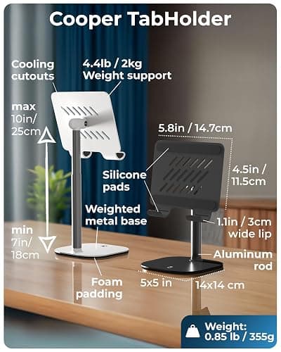 Cooper TabHolder, 7-10" Height Adjustable Tablet Stand, Premium iPad Stand for Desk, 270° Tilt Portable Monitor Holder for 15.6-17" Displays, for All iPad, Kindle, Surface, Samsung Tablets (Black) thumbnail 8