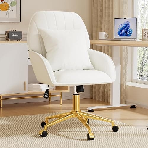 Home Office Desk Chair Comfy with Adjustable Swivel Wheels, Modern Velvet Makeup Vanity Chair with Back & Pillow, Ergonomic Office Chair Computer Task Chair for Living Room, Bedroom, White thumbnail 8
