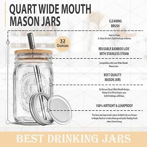 MEM WORLDSHOP Wide Mouth Mason Jars 32 oz - (2 Pack) - Wide Mouth 32-Ounces Quart Mason Jars with Reusable M.E.M Bamboo Lids & Stainless Steel Straws - For Smoothies, Milk Shakes, Iced Coffee, Tea thumbnail 3
