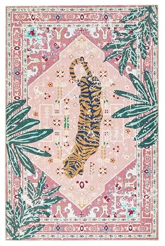 Aldopein Washable Pink Rugs Boho Vintage Tropical Jungle 5x7 Area Rugs Jungle Oriental Carpet for Bedroom Kitchen Dining Living Room Office Distressed Indoor Cute Nursery Rug thumbnail 7