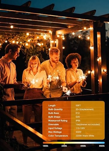 Outdoor String Lights, 55(50+5) FT 25 Bulbs IP65 Waterproof Patio Lights | Shatterproof Dimmable Hanging Connectable G40 Globe LED Outdoor Lights for Christmas, Backyard, Bistro, Porch thumbnail 2