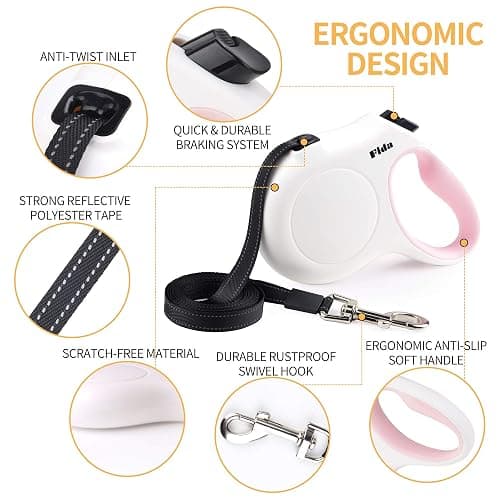 Fida Retractable Dog Leash for Small Breed up to 26 lbs, 16 ft Pet Walking Leash with Dispenser and Poop Bags, Anti-Slip Handle, Reflective Strong Nylon Tape, One-Handed Brake (S, White & Pink) thumbnail 3