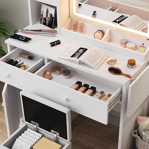 Haewon White Vanity Desk with Mirror and Lights, Makeup Vanity with Charging Station and 3 Lighting Modes, Dressing Table Set with Storage Cabinet, Drawers and Chair for Girls Bedroom thumbnail 3