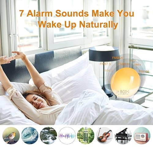 Eveil Lumière LED Radio Réveil Matin Lumineux Lampe de Chevet 20 Niveaux de Luminosité Simulateur d'Aube et Crépuscule 2 Réveils 7 Sons Naturels Fonction Snooze Veilleuse Enfant 11 Couleurs (Jaune) thumbnail 3