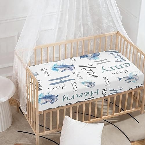 Personalized Dolphin Baby Crib Sheets with Name, Custom Fitted Crib Bedding Sheets for Baby Girls, Mini Crib Sheet, Newborn Crib Mattress Sheets, Name Crib Sheets, Pack and Play Sheets