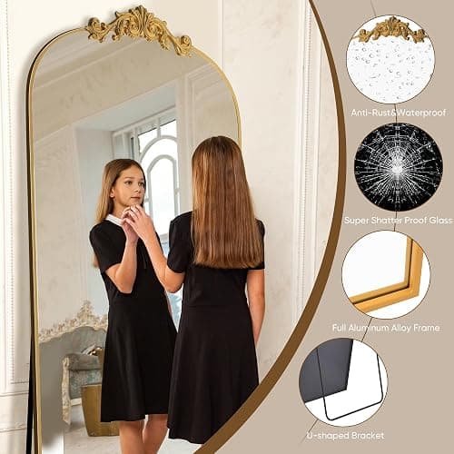 Antok Arched Full Length Mirror, 71"x32" Floor Mirror with Carved, Full Body Mirrors for HomeDecor, Standing/Halling Large Wall Mirror for Bedroom, Living Room, Cloakroom, Gold, Retro Style thumbnail 4