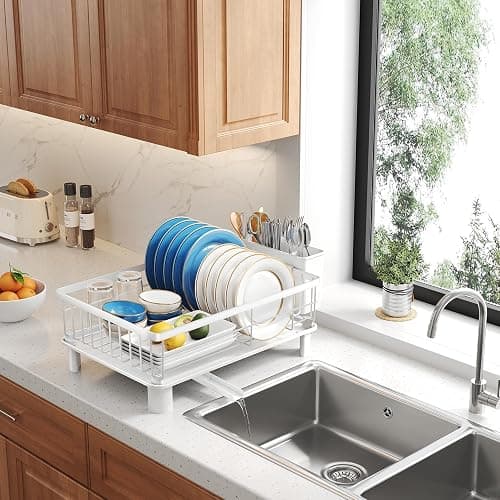 SNTD Dish Drying Rack - Small Dish Rack for Kitchen Counter, Stainless Steel Dish Drainer with Utensil Holder and Drainboard, 11" W x 15" L (White) thumbnail 9