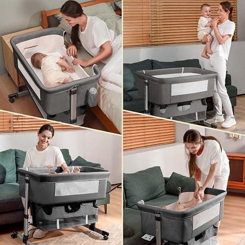 Baby Crib,3 in 1 Bedside Crib Adjustable Portable Bed for Infant,Baby Bassinet Baby Newborn Must Have Bed,Grey - Bedside Crib-grey thumbnail 6