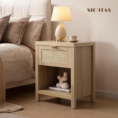 SICOTAS Nightstands Set of 2 Rattan Night Stand with Drawer | Farmhouse Bedside Table with Storage Shelf - Boho End Side Table for Bedroom, Light Oak thumbnail 2
