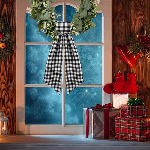 2 Pack Wreath Sash for Front Door Boxwood Wreath Sash Garland Front Door Porch Decor(White and Black Plaid) thumbnail 2