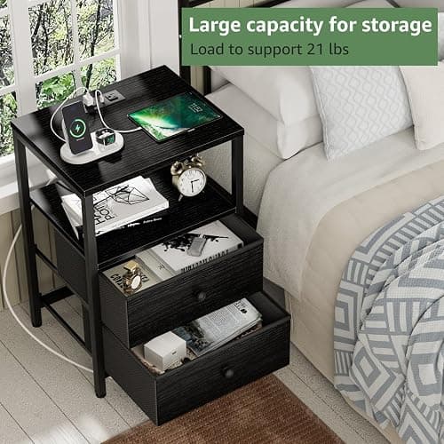 BOLUO Black Nightstand with Charging Station, LED Night Stand with 2 Fabric Drawers, Bedside Table with USB Ports and Outlets, Nightstand for Bedroom Modern thumbnail 4