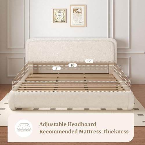 SwnftWinnt Queen Size Boucle Bed Frame with Adjustable Headboard, Upholstered Cloud Platform Bed, Anti-Collision Soft Rounded Corners, No Box Spring Needed, Easy Assembly, Noise Free, Beige thumbnail 8