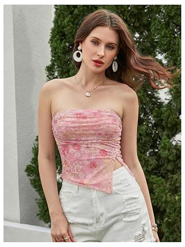 Milumia Women Floral Summer Mesh Strapless Ruched Tube Top Y2k Going Out Tropical Hawaiian Crop Tank Tops thumbnail 3