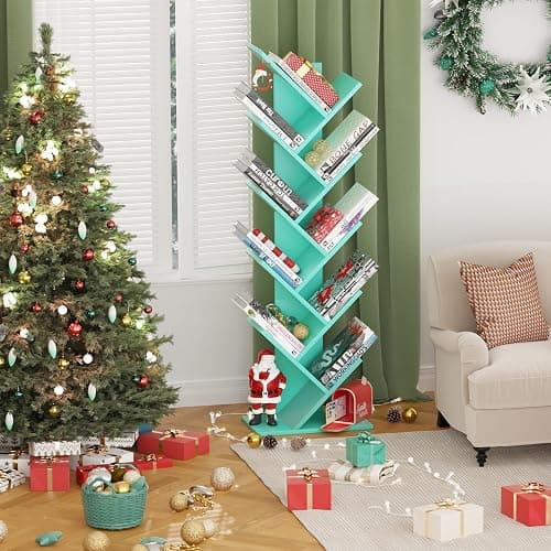 SHEEPAM 10 Tier Tree Book Shelf, Floor Standing Wood Bookshelf for Narrow Space, Storage Organizer Bookshelves for Books/CDs/Magazine, Bookcase with Shelves for Home Office, Living Room - Green thumbnail 8