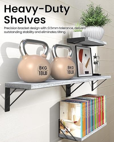 BAYKA Wall Shelves for Bedroom Decor, Floating Shelves for Living Room Kitchen Storage, Wall Mounted Rustic Wood Floating Shelves for Kids Books, Corner Shelf for Bathroom(Gray White，Set of 4) thumbnail 7