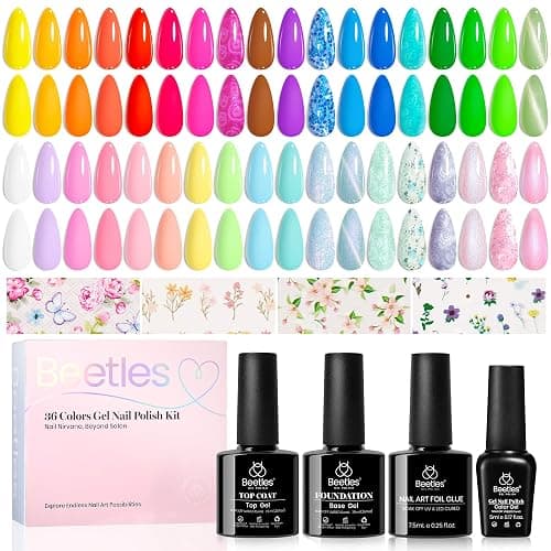 Beetles Gel Nail Polish Set with Base Top Coat Foil Glue Floral Gel Polish | 36 Color Collection Featuring Pastel Blue Green Glitter Shades with Soak-Off UV LED Formula for Nail Art - Image 1