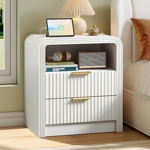 Decofy Fluted Nightstand with Charging Station, 19.7'' Wide Morden End Table with USB/Type-C Ports, 2 Drawers & Open Shelf, Curved Profile Design, Wood Bedside Table for Bedroom (White) - Image 1