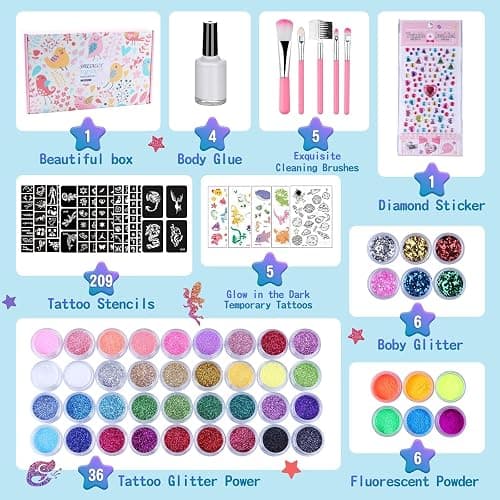 Temporary Glitter Tattoo Kit for Kids & Adults, LCDGTJ 42 Glitter & 6 Fluorescent Color, 209 Stencils, 4 Glue, 5 Brushes, 1 Diamond Sticker, Safe & Easy Removal Face Body Art Birthday Party Supplies thumbnail 5