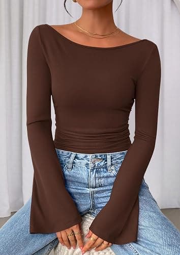 Women's Long Sleeve Shirts 2025 Fall Crop Going Out Tops Casual Boat Neck Bell Sleeve Ribbed Ruched Y2K Clothes thumbnail 5