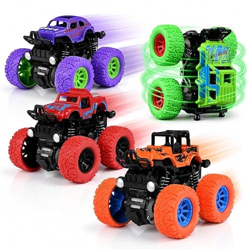 Monster Trucks for Boys, 4 Pack Pull Back Vehicles Cars for Toddlers, 360° Rotation 4 Wheels Drive Durable Friction Cars Powered Push and Go Toys Truck Playset Gift for 3 4 5 6 7 8 Year Old Kids Girls - Image 1