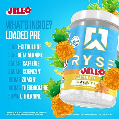 RYSE Loaded Pre Workout Powder - Jell-O Island Pineapple - Daily Pre-Workout for Men & Women with 325mg Caffeine, Beta Alanine, and Citrulline for Pump, Focus, and Energy - 30 Servings thumbnail 4
