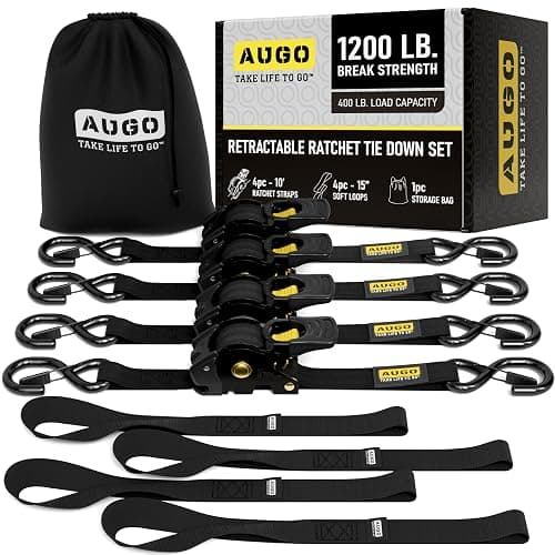 AUGO Retractable Ratchet Straps | 4 Heavy Duty Ratchet Straps Self Retractable Tie Down Straps with Soft Loops & Storage Bag for Motorcycle, Truck, Trailer, Cargo Van | 1200 Lb Break Strength 1” x 10’ - Image 1