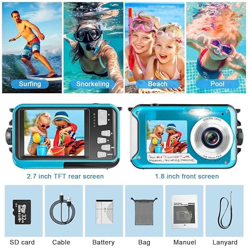 Underwater Camera 2.7K Waterproof Camera with 32GB Card 48MP Autofocus Selfie Dual-Screen Cameras for Snorkeling Compact Digital Camera 1250mAh Battery (Blue) thumbnail 7