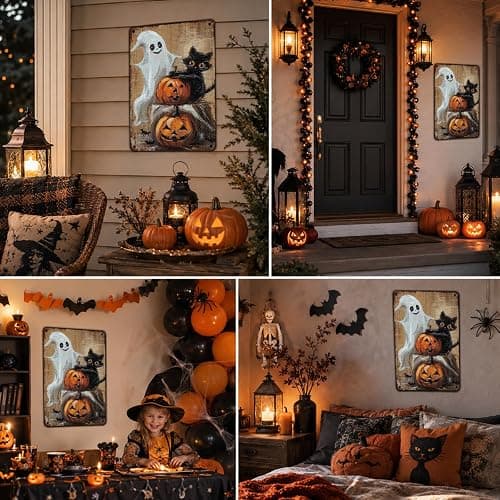 GJXFTPTTBD Black Cat Ghost Pumpkin Metal Tin Sign Halloween Decor Vintage Spooky Porch Wall Art for Home Door Bar Cafe 12x8 Inch thumbnail 6