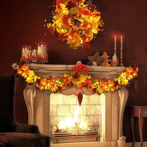Stondino 2 Pack Christmas Leaves Garland with Lighted - 5.8Ft/Piece Fall Light Up Garland with 16.4Ft 50 LED Lights String Autumn Porch Decorations for Home - USB thumbnail 6