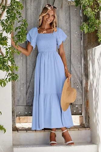 MASCOMODA Womens Summer Casual Midi Dress Square Neck Ruffle Short Sleeve Smocked High Waist A Line Wedding Guest Dresses thumbnail 3