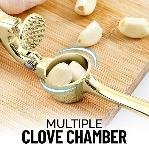 Zulay Kitchen Premium Garlic Press with Soft, Easy to Squeeze Handle - Includes Silicone Garlic Peeler & Cleaning Brush - 3 Piece Garlic Mincer Tool - Sturdy Easy to Clean Garlic Crusher (Gold) thumbnail 5
