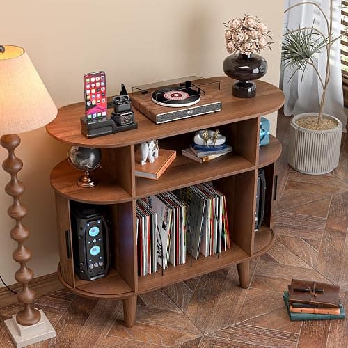 LUVIOHOME Large Round Record Player Stand with Charging Station & USB Ports，Record Storage Cabinet, Mid Century Modern Turntable Stand for Bedroom Living Room (Small Brown) thumbnail 6