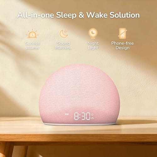 HOUSBAY Sunrise Alarm Clock, White Noise Sound Machine for Bedroom | Natural Wake-Up Light with Gentle Alarm Sounds, 20 Soothing Sleep Aids, Dimmable Display, Screen-Free Design - Pink thumbnail 2