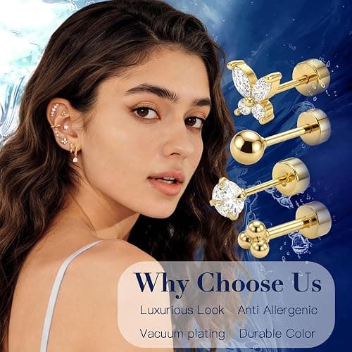 DEWEN Hypoallergenic Flat Back Earrings Set for Women | Cartilage Earrings Stacks | 14K Gold Plated Surgical Steel Studs | Hoop Earring Sets for Women | Small Helix Flatback Studs for Ear Piercing thumbnail 4