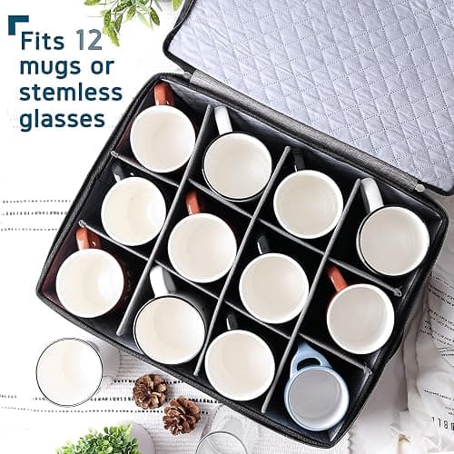 Hearth & Harbor Coffee Mug Storage, Quilted and Stackable Coffee Cup Storage Organizer for Service of 12, Mug Storage Box with Dividers, China Containers Hard Shell for Moving and Organization, Grey thumbnail 4