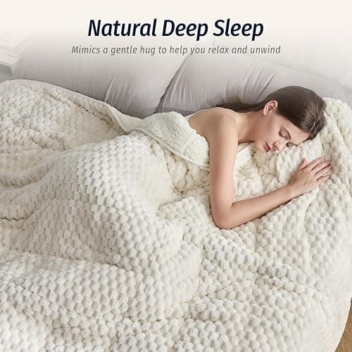 Wemore Fleece Weighted Blanket for Adults (60" x 80" 15lbs, Cream White), Dual Sided Cozy Soft Sherpa Heavy Blanket with 3D Imitation Turtle Shell Warm Jacquard Flannel for Couch and Bed thumbnail 3
