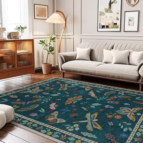 Lahome Insect Print 5x7 Area Rugs for Living Room, Soft Washable Rugs for Bedroom Ultra-Thin Non Slip Modern Rug, Throw Rug Carpet for Office Nursery Dining Room Vionnet(5'x7',Dark Green) thumbnail 5