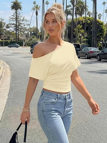 Trendy Queen Off the Shoulder Tops for Women 2026 Summer Short Sleeve Shirts Casual Cute Spring Clothes Y2k T Shirts thumbnail 3