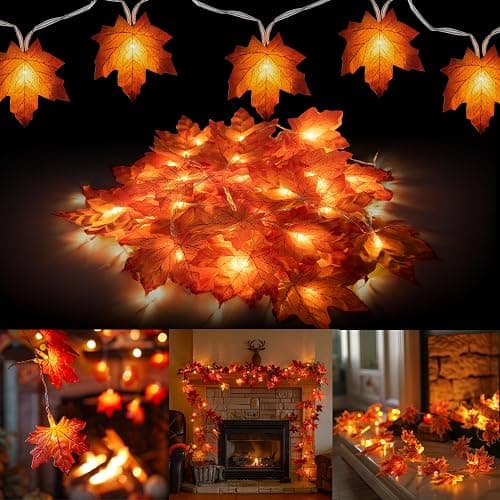 Dazzle Bright 2 Pack Thanksgiving Maple Leaf String Lights, Total 20FT 40 LED Battery Operated Lighted Fall Leaves Garland, Halloween Decorations for Indoor Outdoor Autumn Harvest Decor - Image 1