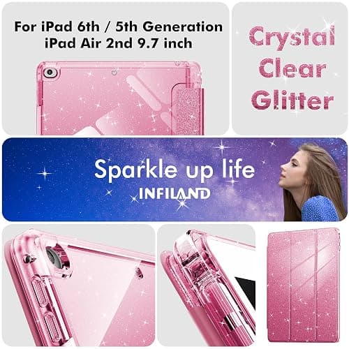 INFILAND Case for iPad 6th/5th Generation 9.7 Inch 2018/2017, iPad Air 2 Cute Glitter Clear Protective Cover for Kids, Girls, Woman, with Pencil Holder (Pink) thumbnail 7