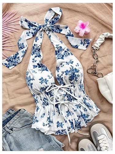 BEAUDRM Women's Boho Floral Print Halter Top Y2k Sleeveless Backless Bow Knot Ruffle Tank Tops Blue Small thumbnail 3