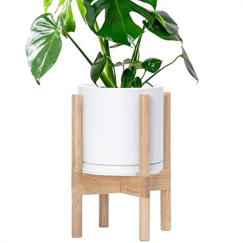 D'vine Dev Ceramic Planter with Natural Stand - 8 Inch Modern Round Flower Pot with Wood Planter Holder, White, 55-B-N-1 - Image 1
