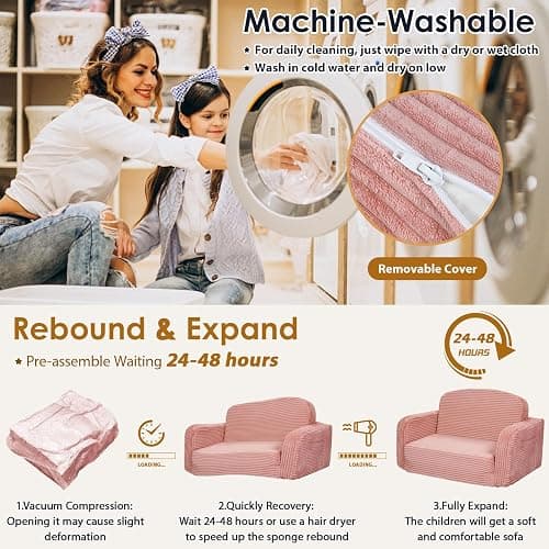 Foryoomi Extra Wide 2 in 1 Convertible Toddler Kids Couch - Corduroy Fold Out Kids Sofa Chair with Blanket, Comfy Comfortable Toddler Chair, Machine-Washable Cover, for Boys Girls, Pink thumbnail 7