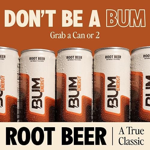 BUM Sugar-Free Energy Drink, Root Beer - Lightly Carbonated & No Artificial Colors, Natural Caffeine & Citicoline for Energy & Focus, Brain Boost & Workout Sports Beverage - 12 oz, Pack of 12 thumbnail 3