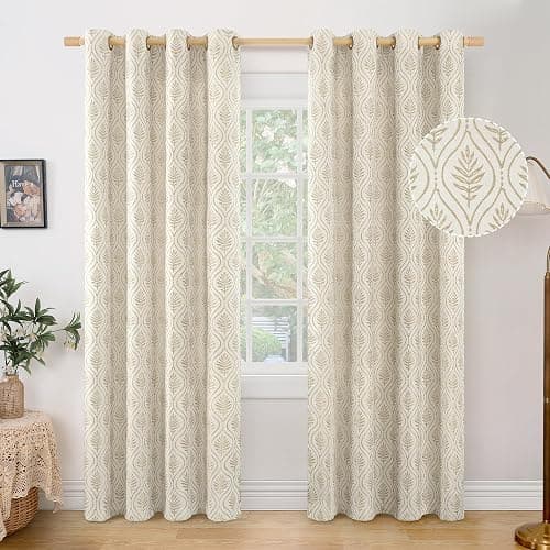BGment Beige Linen Curtains for Living Room, French Country Leaf Jacquard Botanical Pattern Cottage Core Boho Vintage Grommet Light Filtering Semi Sheer Linen Curtains, 2 Panels, 52 x 84 Inch thumbnail 9