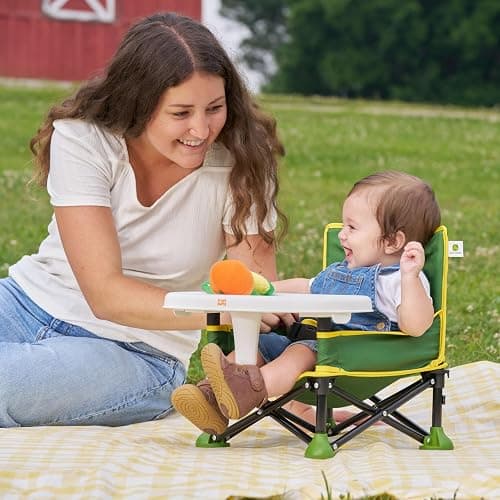Bright Starts John Deere Pop 'N Sit Portable Booster Chair, Floor Seat, Indoor/Outdoor Use, Compact Fold, Green and Yellow, 6 Mos - 3 Yrs thumbnail 2