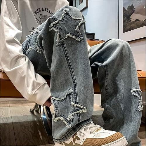 Y2k Star Jeans Men Graphic Baggy Jeans Emo Star Pants Grunge Patchwork Pants Streetwear thumbnail 6