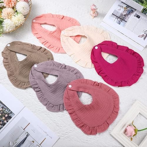 Seematn 10 Pcs Baby Muslin Bibs Drool Bibs Bandana Ruffle Soft Cotton for Newborn Baby Infants Girl Teething Toddlers Boy(Retro Colors) thumbnail 7