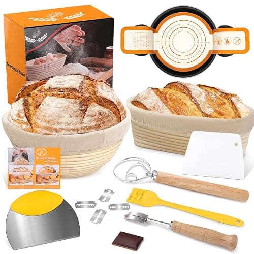 Banneton Basket Set of 2, 10" Oval & 9.7" Round Banneton Bread Proofing Basket with Liners, Bread Lame, Silicone Baking Mat, Danish Whisk, Brush, Proofing Bowls Sourdough Starter Kit Tools - Image 1
